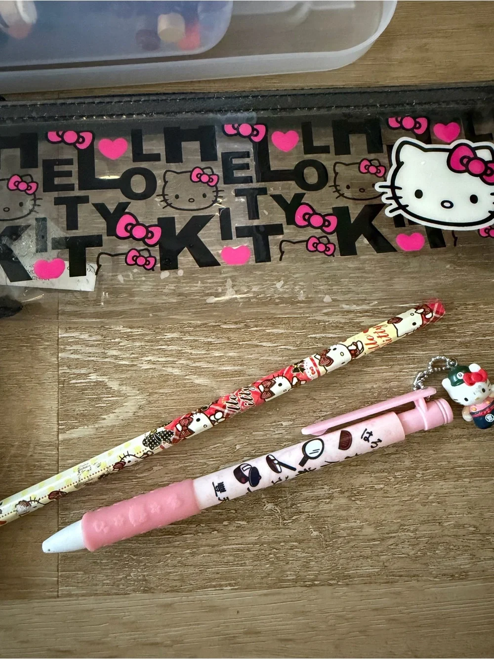 Used crayons, bin, Hello Kitty bundle, new erasers